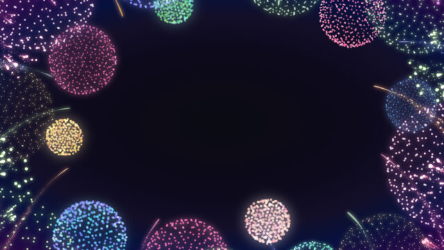 Multicolored bokeh fireworks bursting across a dark purple background, resembling a festive display.